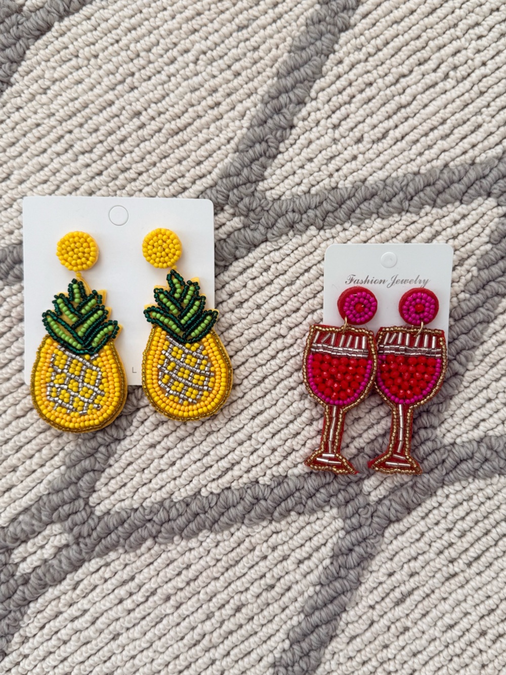 Statement Fashion Earrings - Beaded Pineapple and Wine Glass - Yellow, Pink